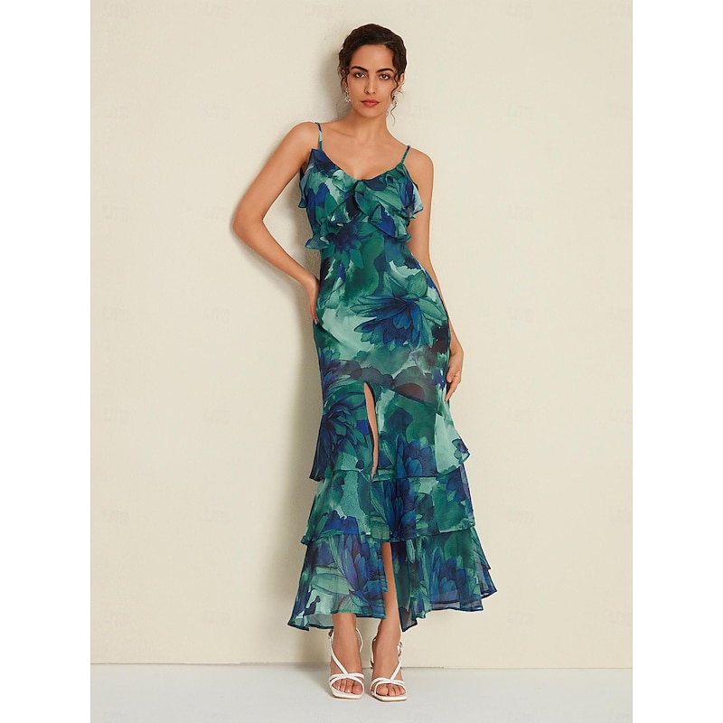 Chiffon Wedding Guest Floral Ruffle Split Ends Sleeveless Maxi Dress