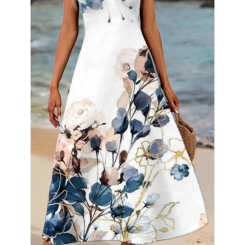 Women's Maxi Dress Sundress Tank Dress Summer Dress Casual Vacation Party Casual Loose Fit Floral Sleeveless Crew Neck Navy Blue Summer3