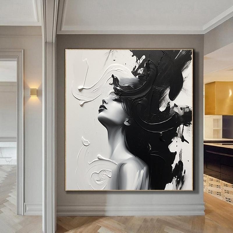 Large Black And White firgure oil painting handmade Wall Art Corridor Art oil painting Large Abstract Wall Art Canvas Black And White face Oil Painting Modern Handmade pattle knife face Oil Painting