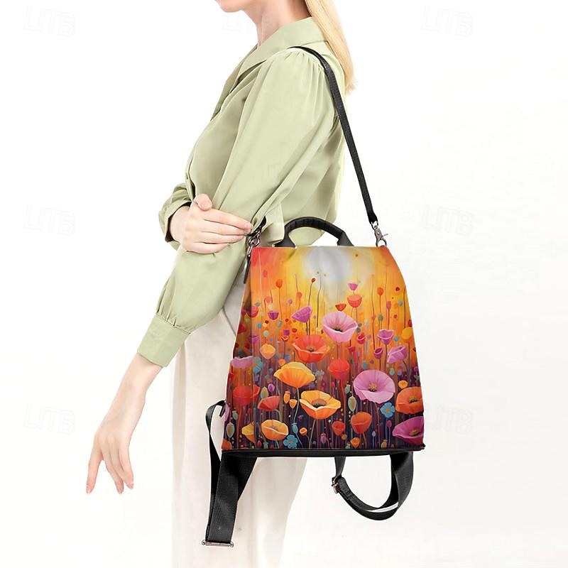 Women's Backpack School Bag Bookbag School Outdoor Daily Floral Print Flower Polyester Large Capacity Waterproof Multi Carry Zipper Print Yellow Red3