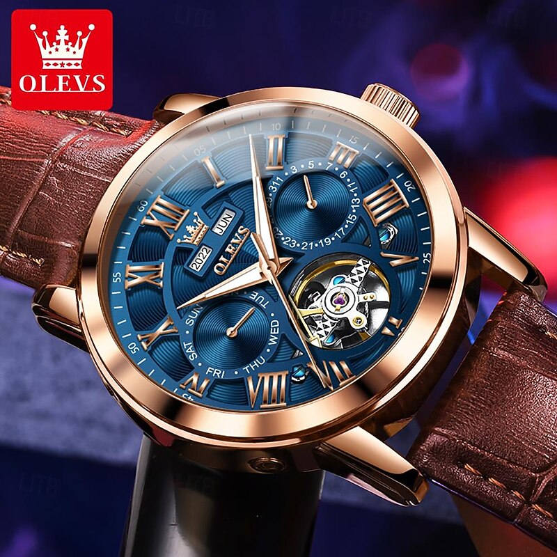 OLEVS Men Mechanical Watch Fashion Casual Wristwatch Automatic Self-winding Luminous Calendar Date Week Leather Watch3