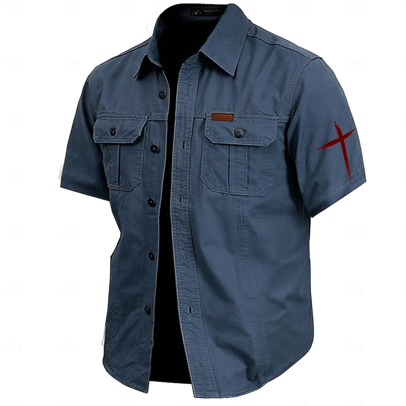 Men's Cross Work Shirt Western Shirt Cargo Shirt Short Sleeve Casual Tactical Sports & Outdoor Going out Summer Spring Turndown Print Army Green Khaki Dark Blue Beige4