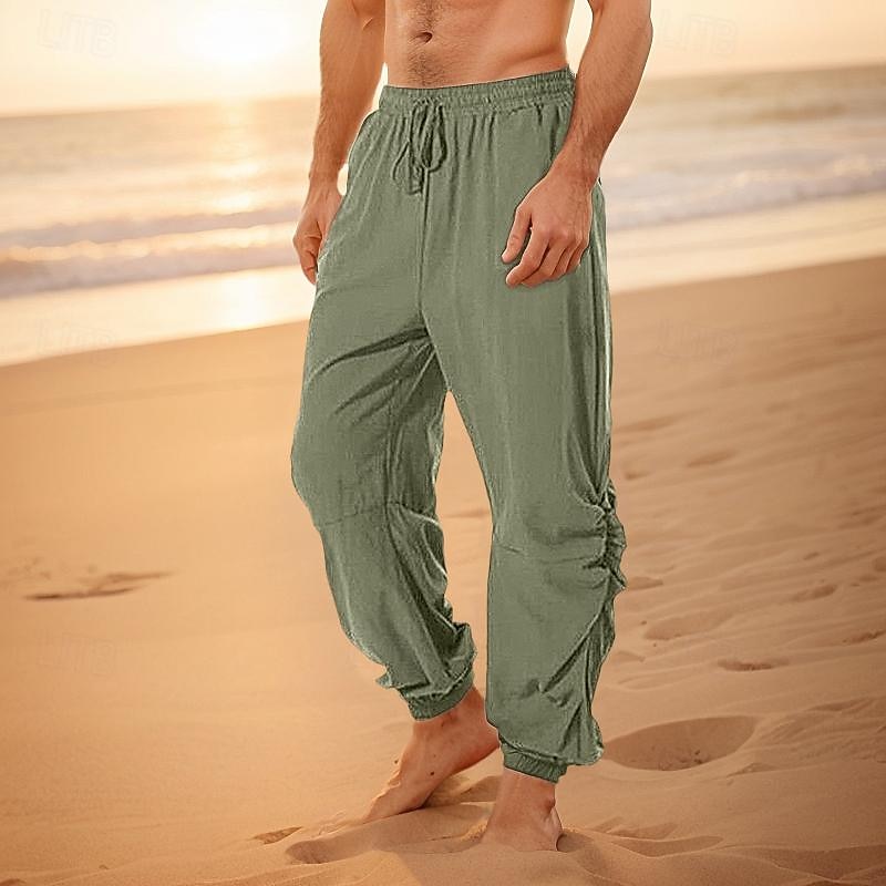 Men's Linen Pants Trousers Summer Pants Pleats Plain Comfort Breathable Full Length Casual Daily Holiday Fashion Basic White Blue