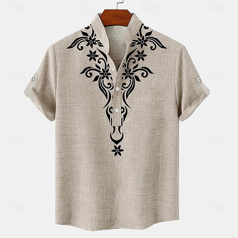 Men's Shirt Linen Shirt Henley Shirt Retro Shirts Vintage Shirt Ethnic Shirt Ethnic Daily Holiday Blue Beige Gray Short Sleeve Band Collar Summer Spring Clothing Apparel Print4