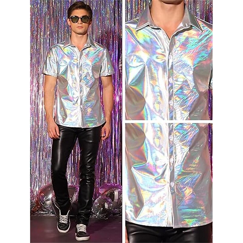 Metallic 1980s Shiny Latex Patent Shirt Disco Fancy Dress Men's Carnival Costume Halloween Carnival Masquerade Party / Evening Pride Parade Pride Month Adults Shirt - Main Image