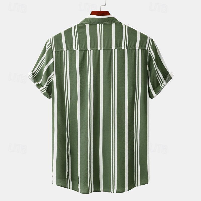 Men's Shirt Summer Shirt Beach Wear Button Up Shirt Casual Shirt Navy Blue Blue Green Short Sleeve Stripes Lapel Daily Vacation Clothing Apparel Fashion Casual Comfortable2