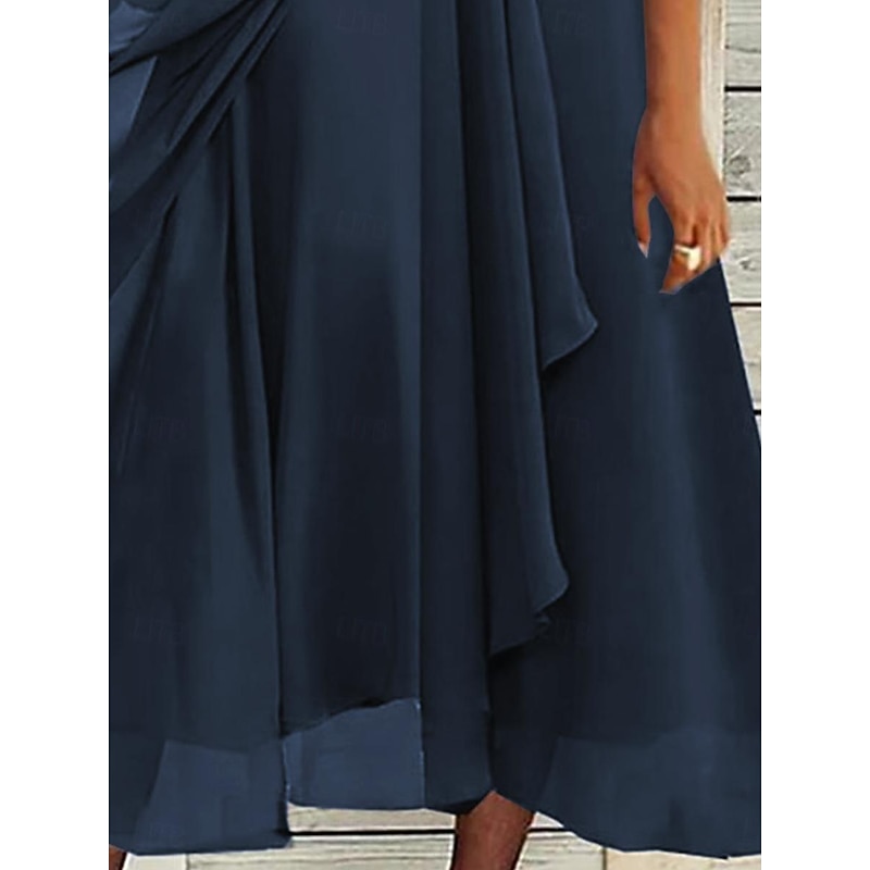 Women's Midi Dress V-neck Lace Detail Short Sleeve Chiffon Flowy Blue Elegant Evening Party Wedding Guest Spring Summer Fall Versatile Sizes3