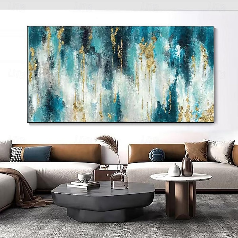Handmade Oil Painting Canvas Wall Art Decoration Modern Abstract Texture  Green Gold for Living Room Home Decor Rolled Frameless Unstretched Painting