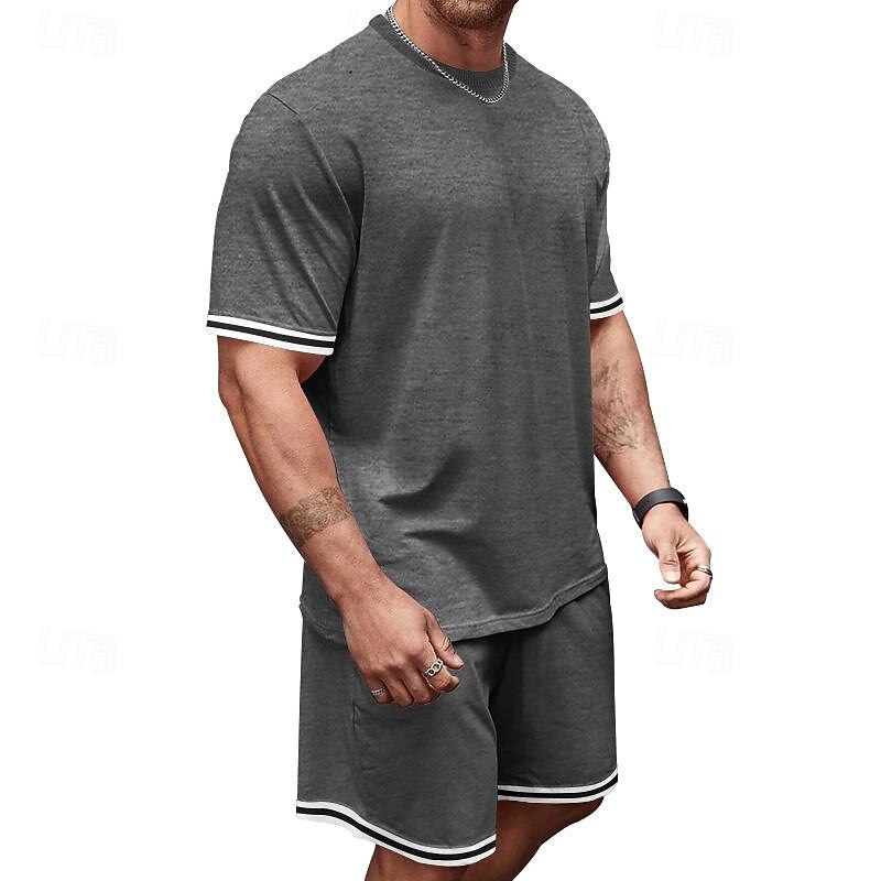 Men's T-shirt Suits 2 Pieces Outfits Tee & Shorts Short Sleeve Crew Neck Summer Color Block Fashion Casual 2 Piece Vacation Daily Wear Going out Black Red Navy Blue Top Tee for Men3