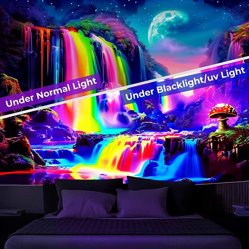 Blacklight Tapestry UV Reactive Glow in the Dark Glow Party Neon Fantasy Waterfall Rainbow Psychedelic Trippy Misty Hanging Tapestry Wall Art Mural for Living Room Bedroom 10