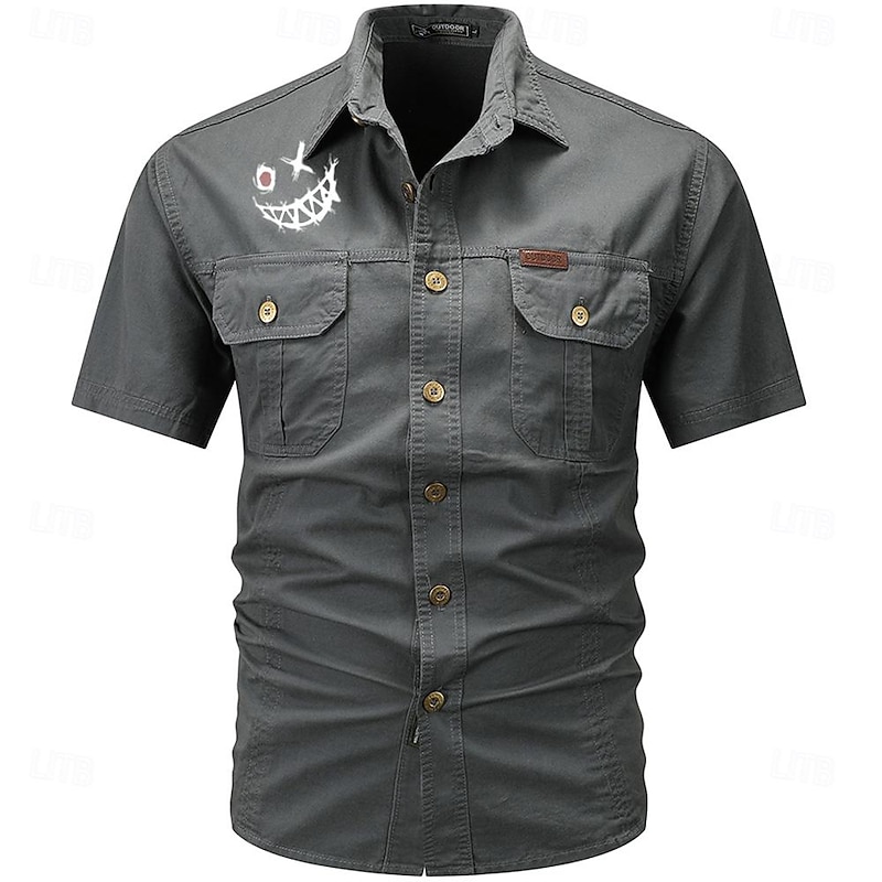 Men's Smile Face Work Shirt Western Shirt Cargo Shirt Short Sleeve Casual Tactical Going out Summer Spring Autumn Turndown Buttons Print Black Green Dark Blue Beige Gray4