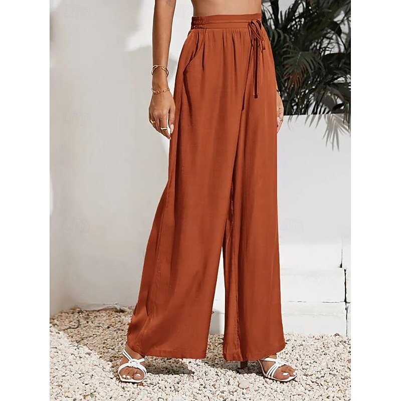 Women's Wide Leg Pants Trousers Casual Daily Long Plain Drawstring Side Pockets Breathability Comfortable Micro-elastic Weekend Black Red Beige Gray Spring & Summer Regular Fit3