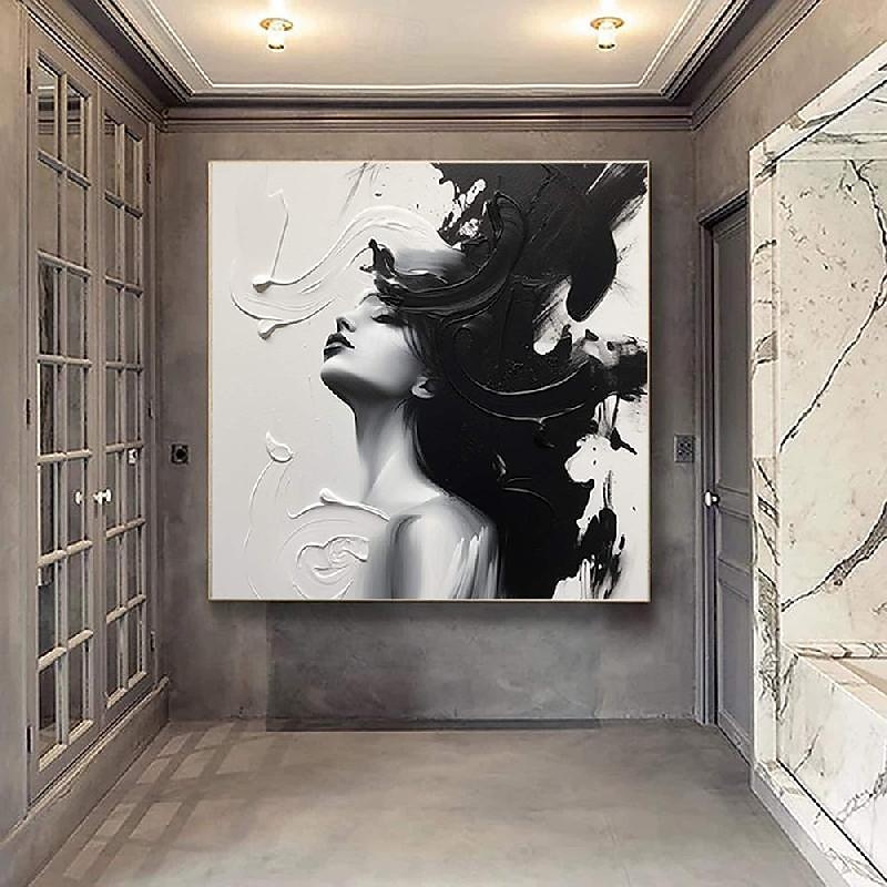 Large Black And White firgure oil painting handmade Wall Art Corridor Art oil painting Large Abstract Wall Art Canvas Black And White face Oil Painting Modern Handmade pattle knife face Oil Painting2