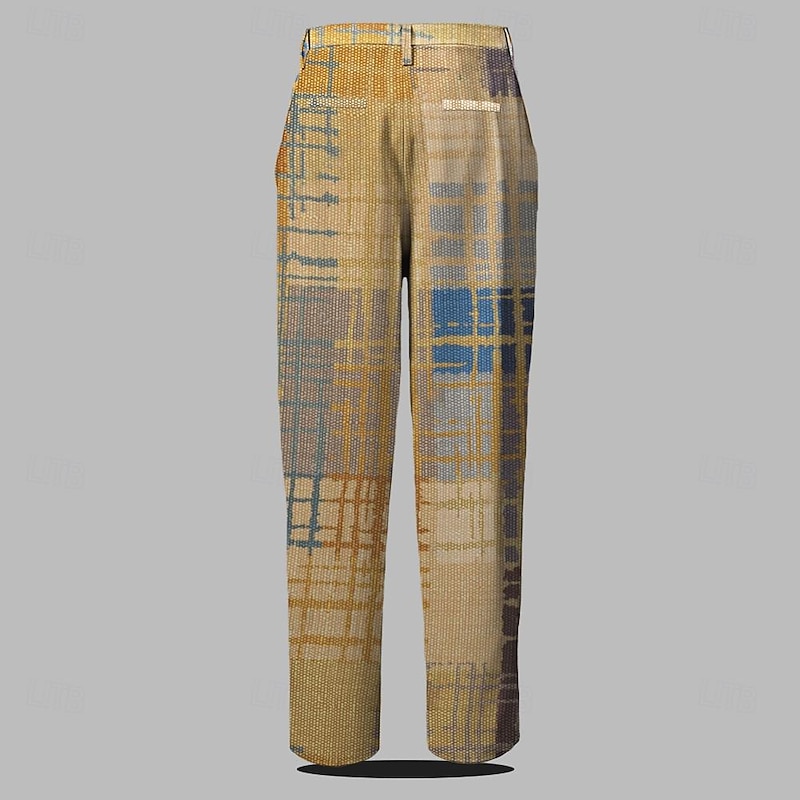 Men's Plaid Color Block Patchwork Dress Pants Mid Waist Formal Casual 3D Print Summer Spring Fall & Winter Yellow2