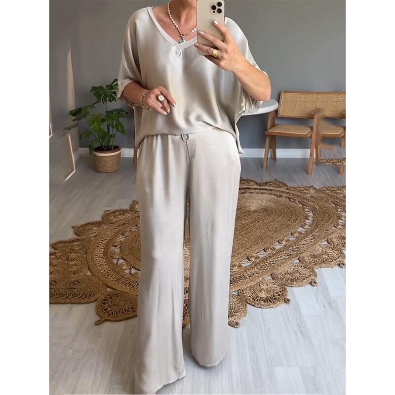 Women's Stylish T Shirt Wide Leg Pants 3/4 Length Sleeve V Neck Plain Holiday Weekend Silver Black Pink Summer Regular Fit