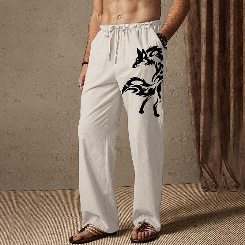 Men's Summer Pants Elastic Waist Animal Wolf Comfort Full Length Outdoor Streetwear Vacation Hawaiian Black White Micro-elastic