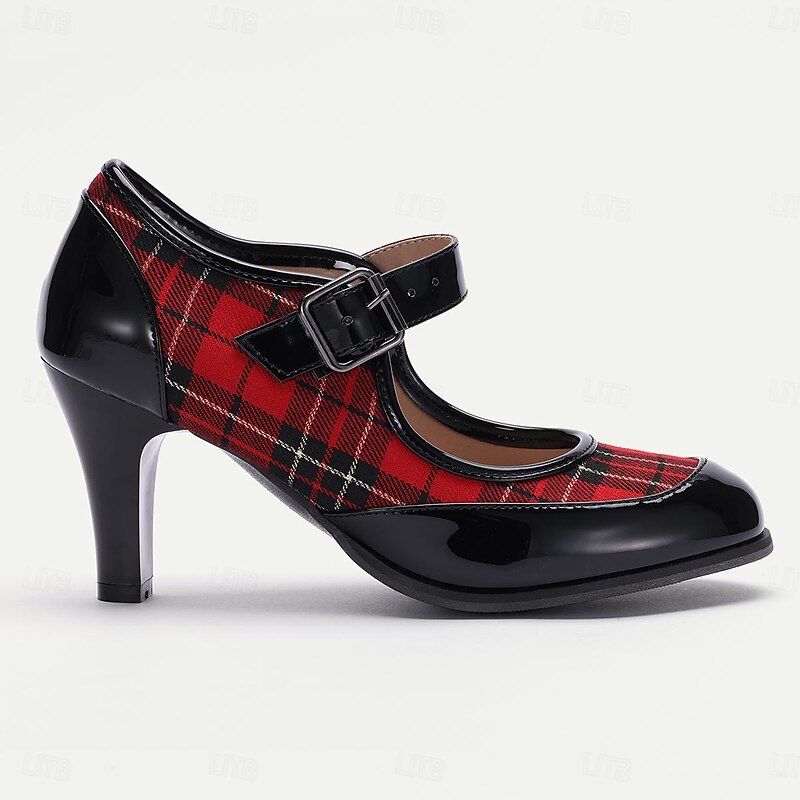 Women's Red Plaid Mary Jane Heels - Stylish Retro Shoes with Buckle Strap for Casual and Party Wear2
