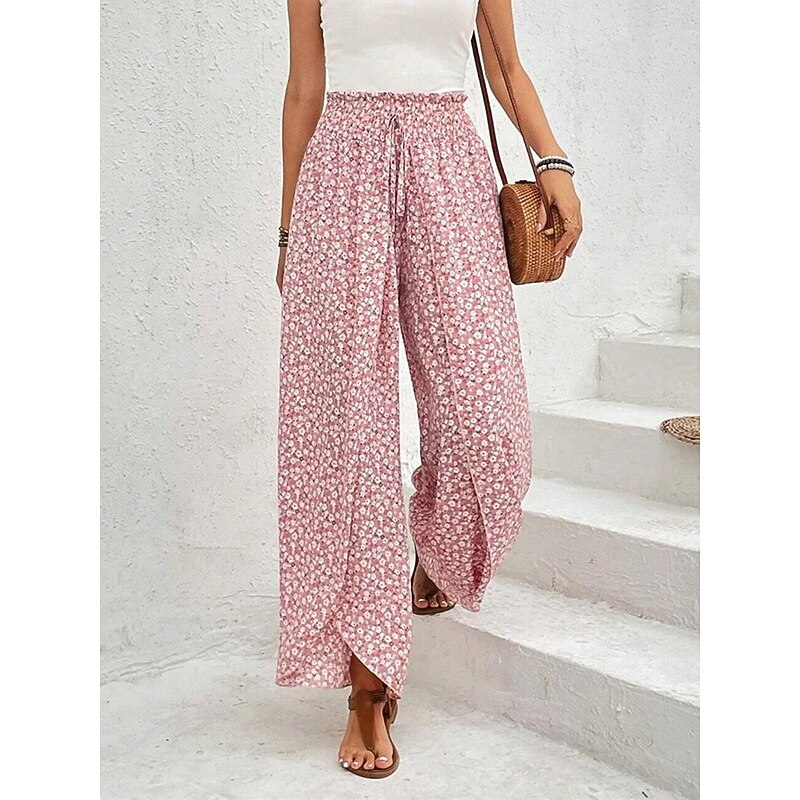 Women's Wide Leg Pants Trousers Streetwear Casual Long High Waist Geometic Pocket Printing Elastic Drawstring Design Breathability Soft Micro-elastic Vacation Street Daily Wear Cuticolor Black White