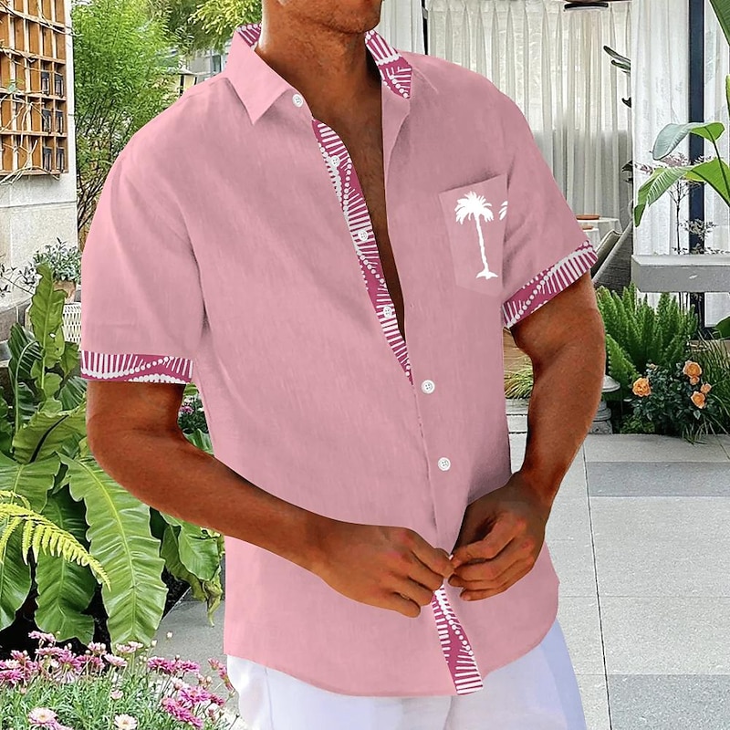 Men's Coconut Tree Palm Tree Tropical Plants Summer Hawaiian Shirt Aloha Shirt Printed Shirts Short Sleeves Shirt Turndown Hawaiian Resort Vacation Holiday Daily Wear Pink Blue Green S M L3