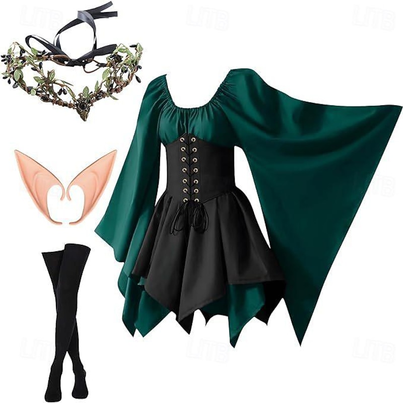 Retro Vintage Medieval Renaissance Dress Cosplay Costume Fairy Elven Fancy Dress Women's Celtic Fantasy Masquerade Performance LARP Ren Faire Adults' Dress Headwear