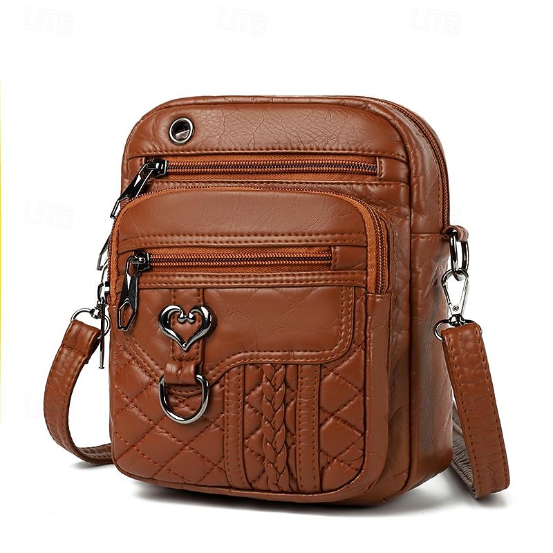 Fashionable Brown Quilted Crossbody Bag for Women – Stylish Faux Leather Shoulder Bag with Heart-Shaped Zipper Pull and Multiple Pockets3