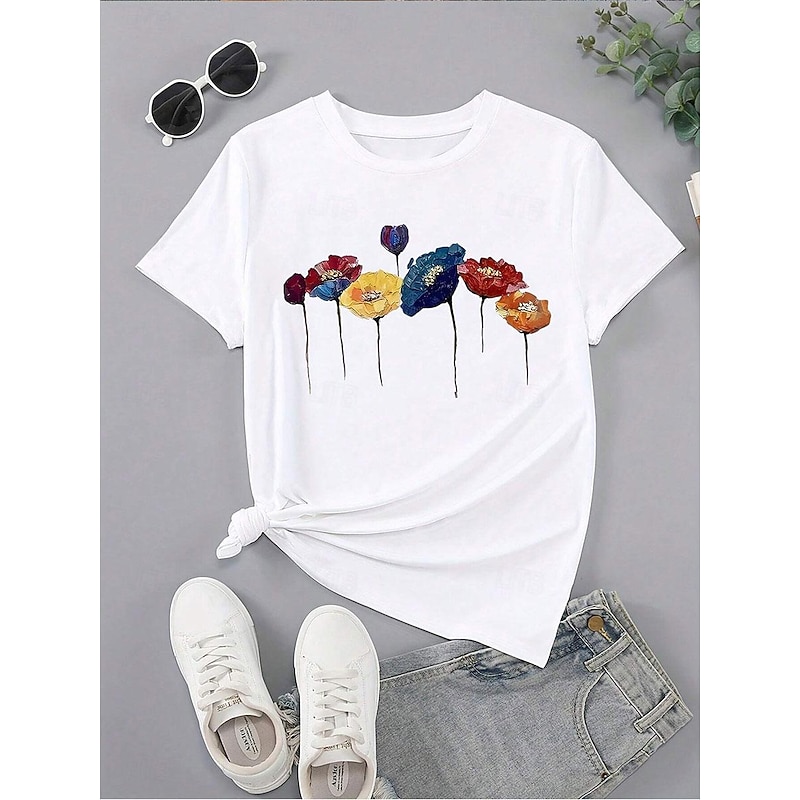Women's T Shirt Floral Poppy Casual Short Sleeve Crew Neck Regular Tops Daily Print White Summer3