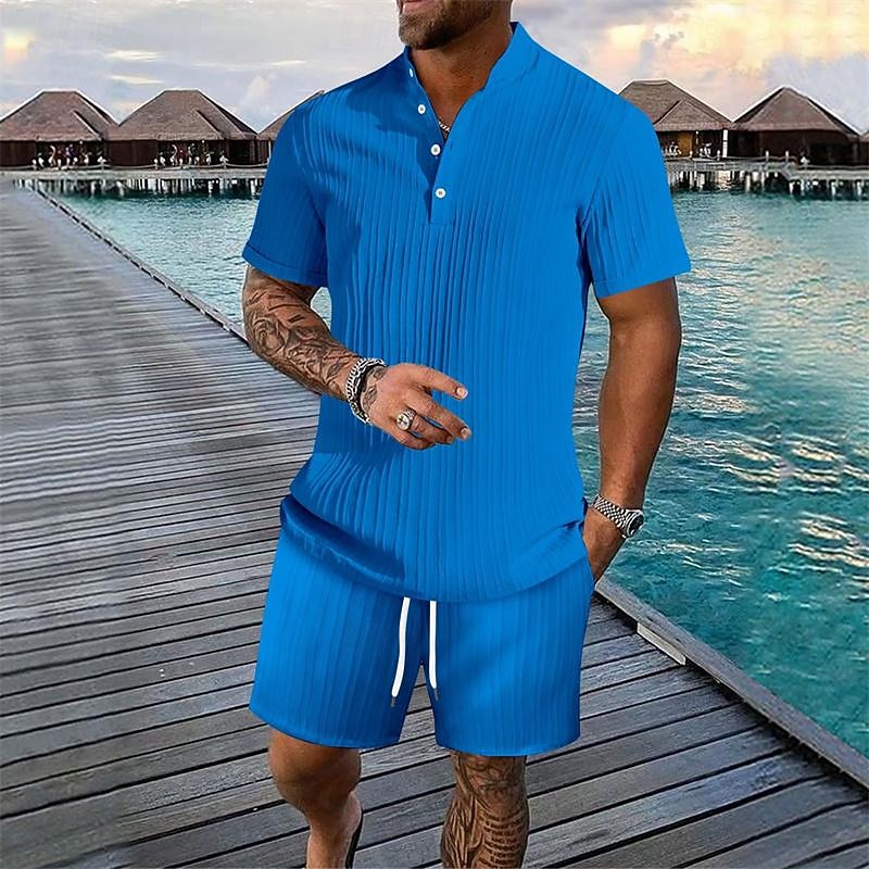 Men's T-shirt Suits 2 Pieces Outfits Tee & Shorts Short Sleeve Henley Summer Plain Fashion Casual 2 Piece Vacation Daily Wear Going out Black White Royal Blue Top Tee for Men2