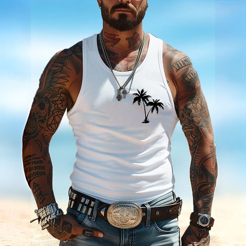 Men's Ombre Coconut Palm T Shirt Vest Top Sleeveless T shirt 3D Print Crew Neck Shirt Vacation Tropical Party Casual Holiday White Summer Spring Clothing Apparel S M L XL XXL XXXL