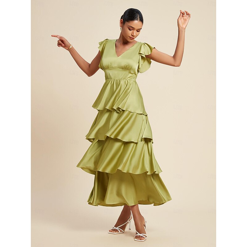 Satin Ruffle V Neck Maxi Dress