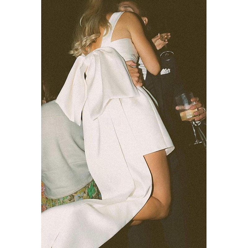 Beach Wedding Reception Little White Dresses Wedding Dresses Sheath Spaghetti Strap Spaghetti Strap Short / Mini Satin Bridal Gowns With Sash / Ribbon Pleats2