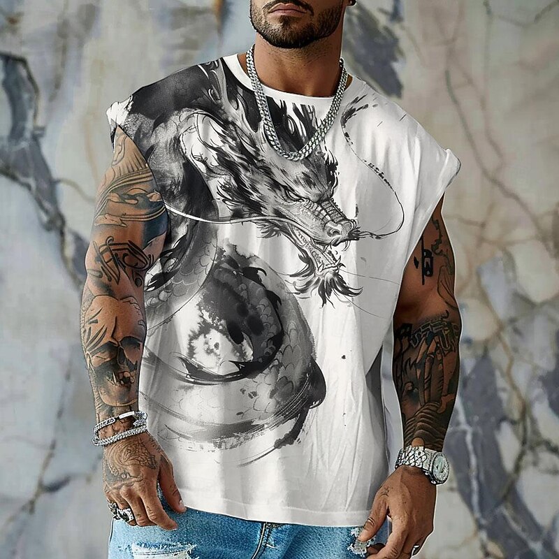 Men's Dragon Vest Top Sleeveless T shirt 3D Print Crew Neck Shirt Sports Retro Vintage Gothic Party Street Casual White Beige Summer Spring Clothing Apparel S M L XL XXL XXXL