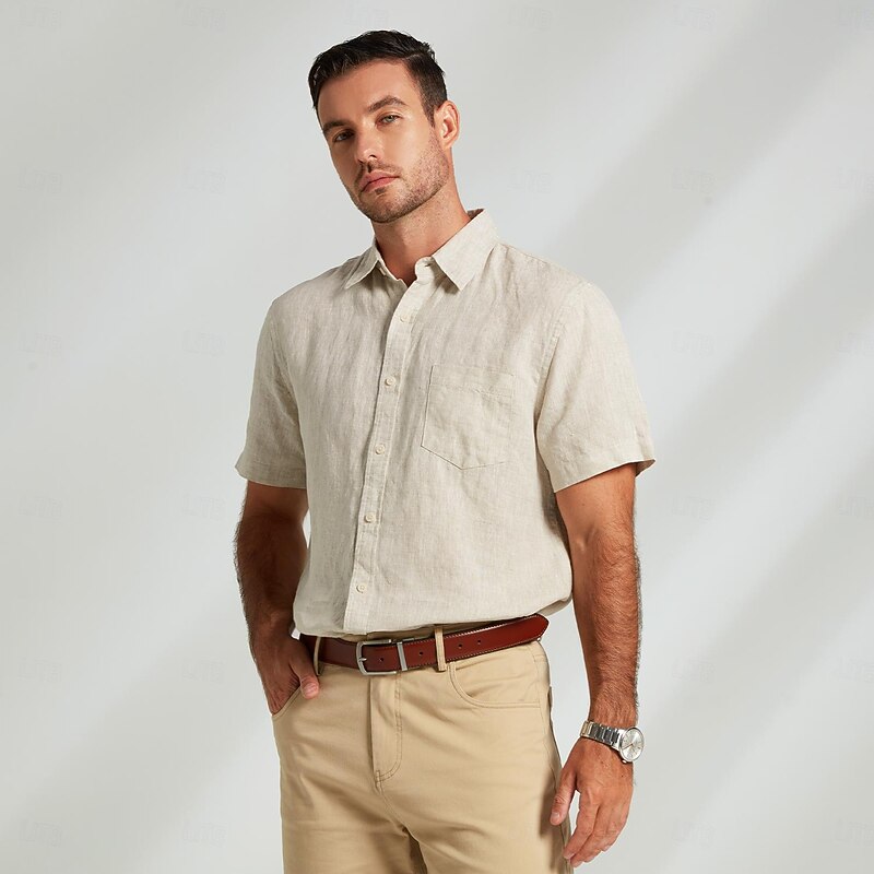 Men's 100% Linen Shirt Casual Shirt khaki Short Sleeve Solid Color Turndown Outdoor Sports & Outdoor Button Clothing Apparel Vacation Neutral Daily Sports & Outdoors3