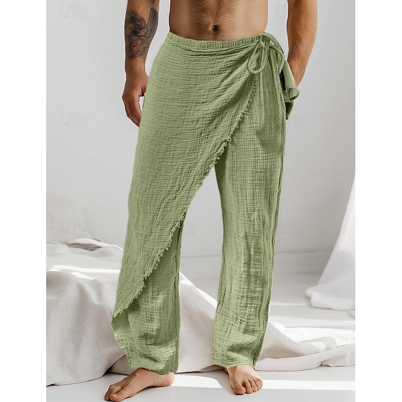 Men's Linen Pants Trousers Summer Pants Drawstring Elastic Waist Straight Leg Plain Comfort Breathable Full Length Casual Daily Holiday Fashion Classic Style White Brown4