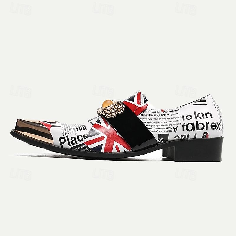 Men's Premium Cowhide Leather Punk Style Loafers - Union Jack and Newspaper Print Slip-On Shoes with Decorative Buckle and Gold Metal Toe Cap4