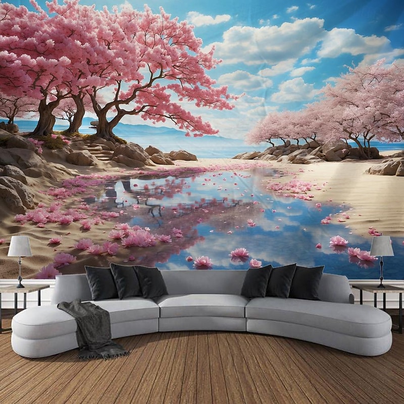 Cherry Blossom Landscape Hanging Tapestry Wall Art Large Tapestry Mural Decor Photograph Backdrop Blanket Curtain Home Bedroom Living Room Decoration