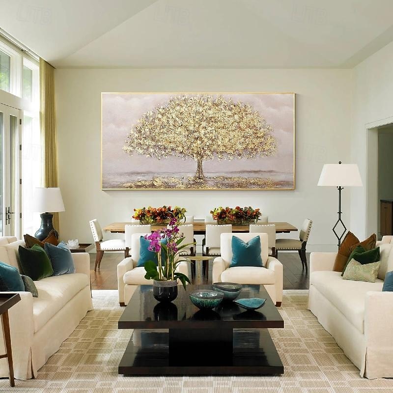 Hand painted gold foil tree painting wall art gold leaf tree painting abstract landscape texture flower oil painting yellow large money tree painting home decoration for bedroom office wall decoration3