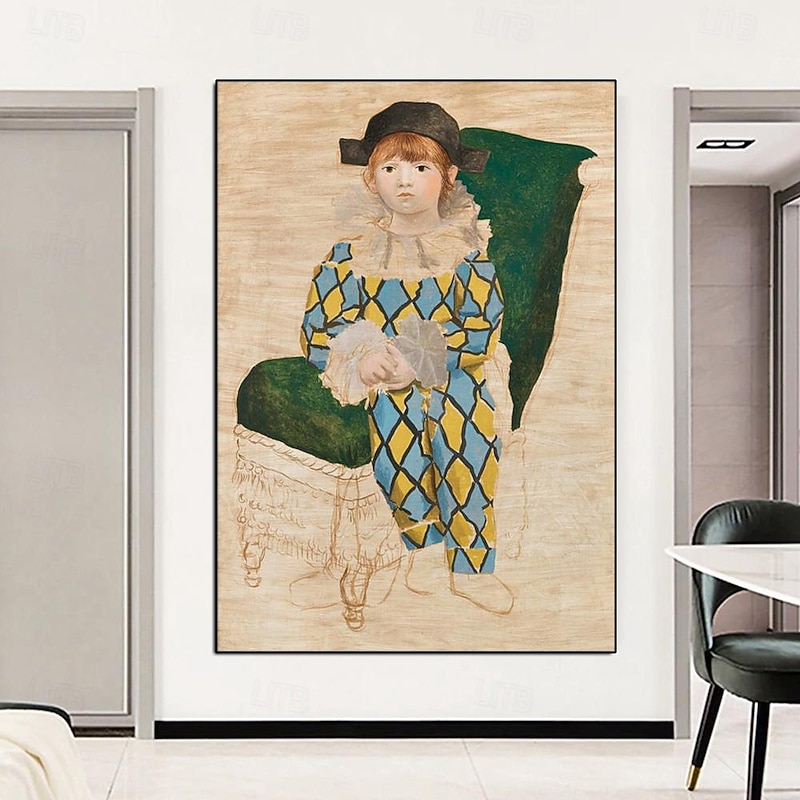 Handmade Pablo Picasso Oil Painting Hand Painted Vertical Abstract People Classic Modern Pablo Picasso FRAME Paul dressed as Harlequin 1924  oil painting