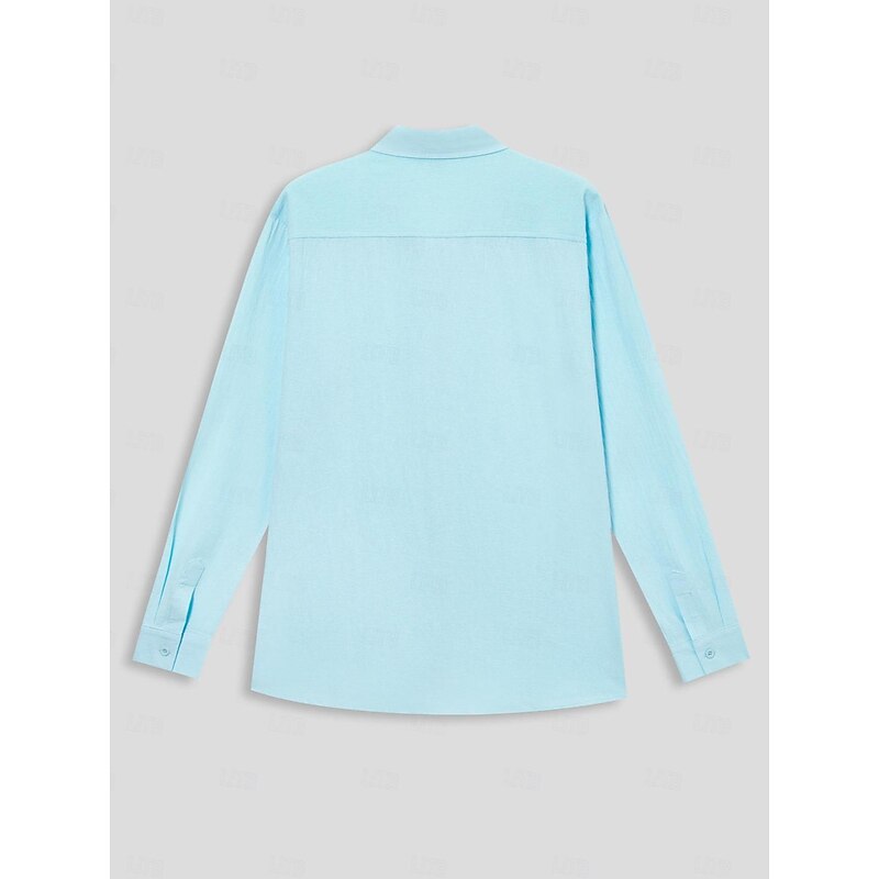 Men's Shirt Linen Shirt Summer Shirt Beach Wear Button Up Shirt Plain Vacation Casual Blue Long Sleeve Lapel Spring &  Fall Clothing Apparel2