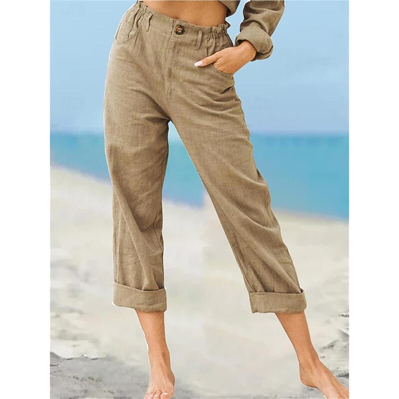 Women's Chinos Pants Trousers Streetwear Casual Long High Waist Plain Pocket High Cut Breathability Soft Micro-elastic Vacation Street Daily Wear White Khaki Light Grey Summer Spring Regular Fit3
