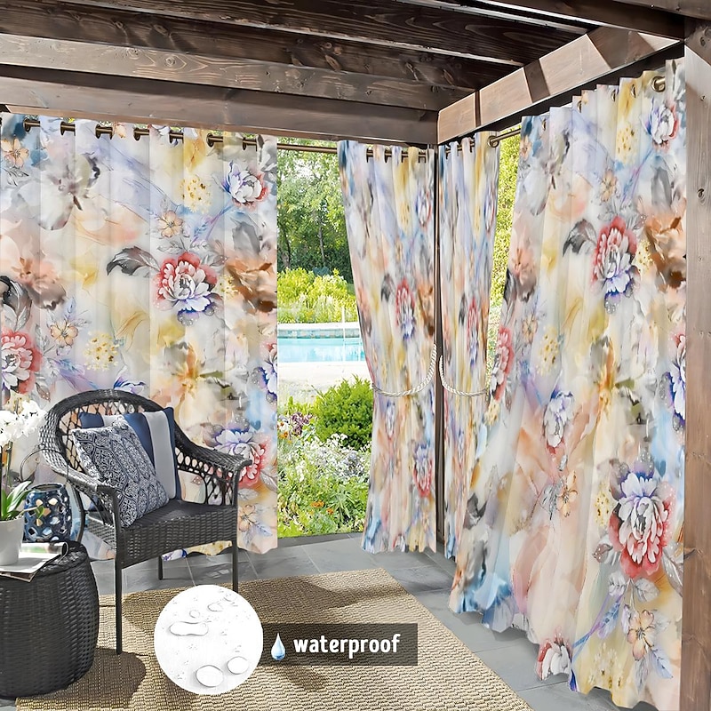 Waterproof Outdoor Curtain Privacy, Sliding Patio Curtain Drapes, Pergola Curtains Grommet Colorful Leaves For Gazebo, Balcony, Porch, Party, 1 Panel4