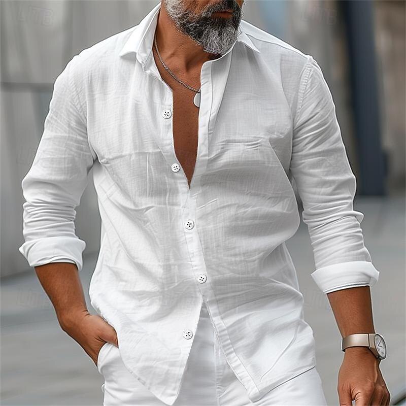 Men's Shirt Linen Shirt Summer Shirt Beach Wear Button Up Shirt Plain Casual Daily White Long Sleeve Collar Spring & Summer Clothing Apparel