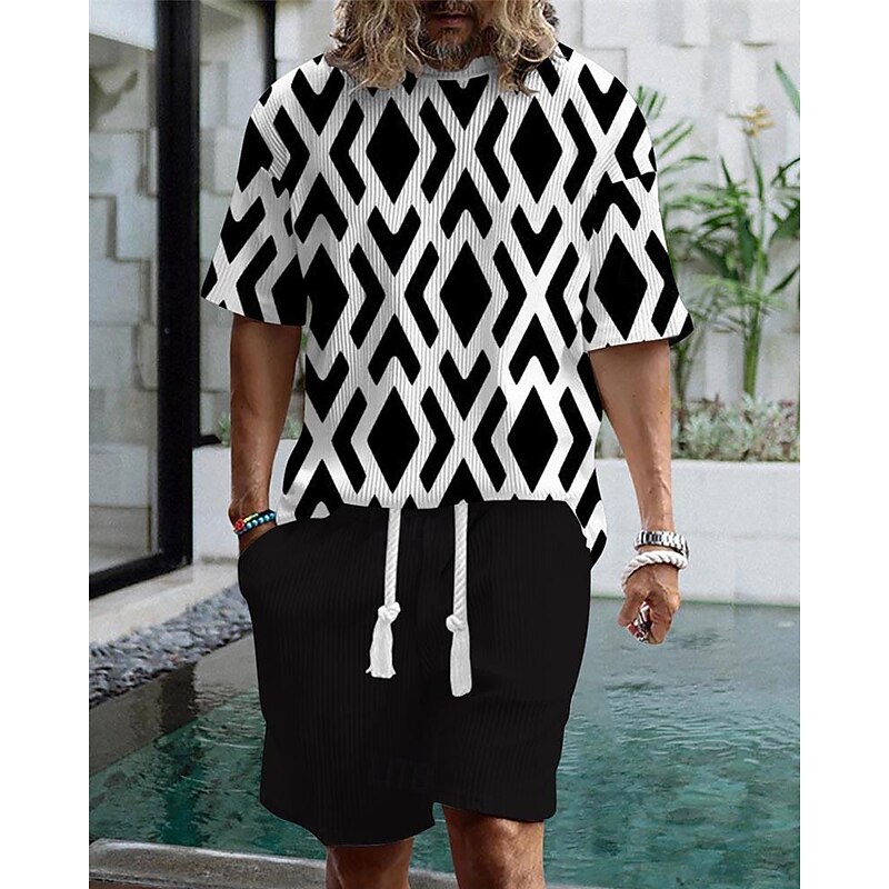 Men's T-shirt Suits 2 Pieces Outfits Tee & Shorts Short Sleeve Crew Neck Summer Striped Fashion Casual 2 Piece Vacation Daily Wear Going out Black Red Blue Top Tee for Men4