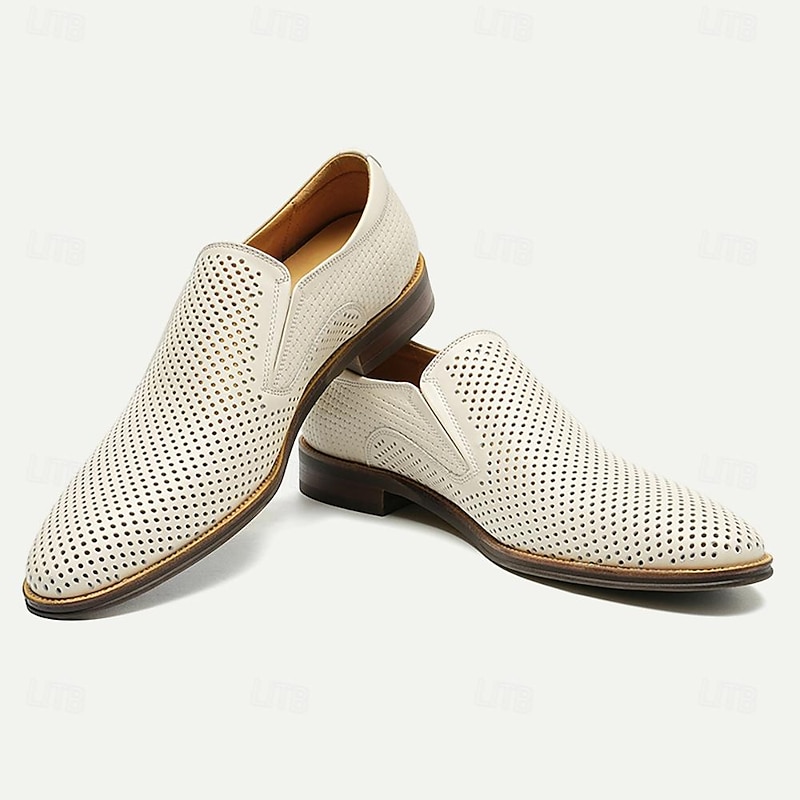 Men's Beige Perforated Leather Loafers, Premium Cowhide Slip-On Dress Shoes - Breathable and Stylish Footwear for Formal and Casual Occasions4