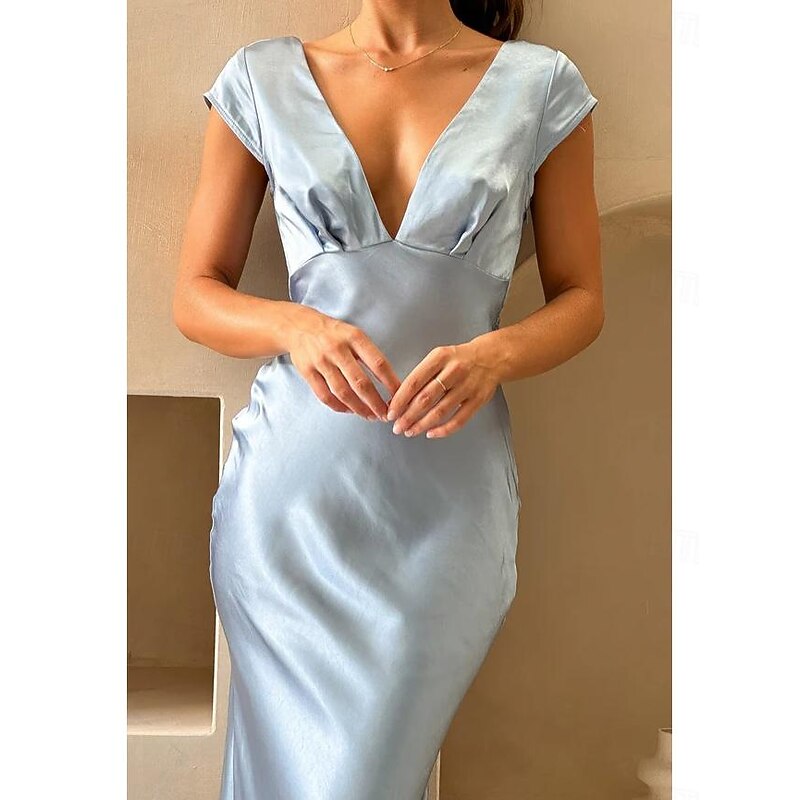Sky Blue Mermaid Wedding Guest Dresses Elegant Dress Formal Black Tie Floor Length Short Sleeve V Neck Charmeuse Crisscross Back with Ruched4