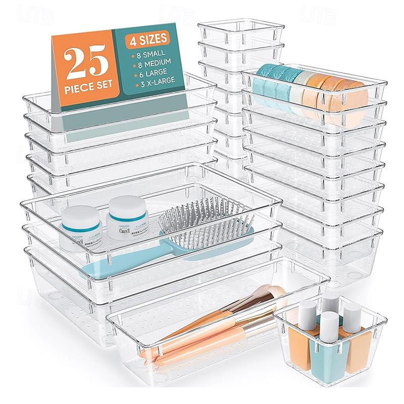 25 PCS Clear Plastic Drawer Organizers Set, 4-Size Versatile Bathroom and Vanity Drawer Organizer Trays, Storage Bins for Makeup, Bedroom, Kitchen Gadgets Utensils and Office