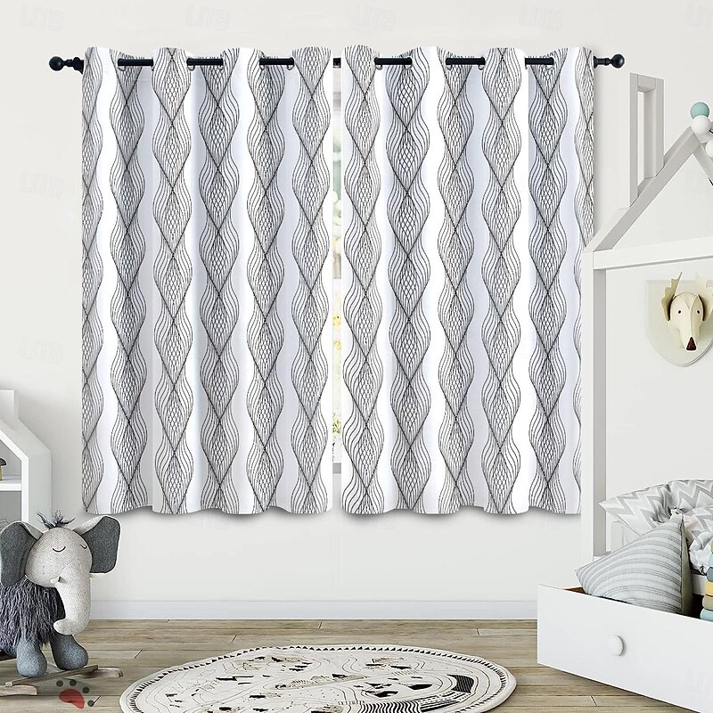 2 Panels Blackout Curtain Set Diamond Stripe Art Curtain Blackout Heat Insulation Black Lined Soundproof Curtains Suitable for Adults Children's Bedroom Living Room Balcony4