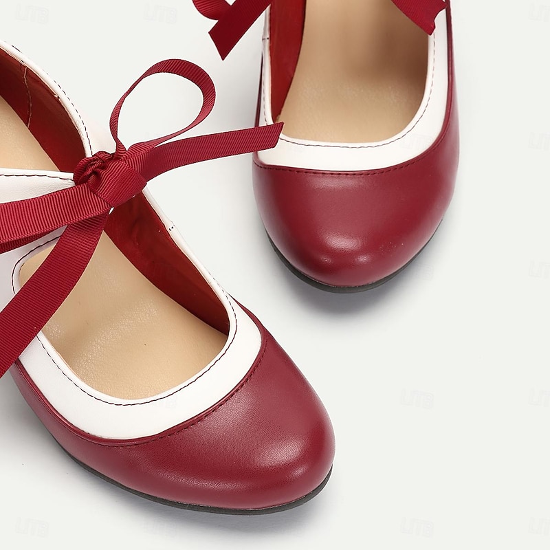 Elegant Vintage Two-Tone Red and White Ribbon-Tie Pumps for Women - Stylish High Heel Dress Shoes4