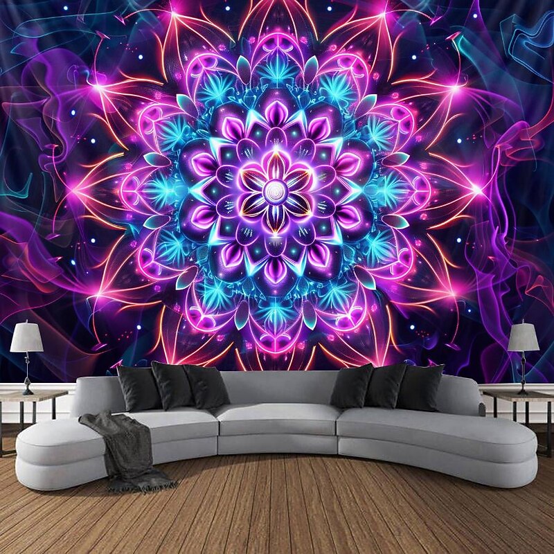 Mandala Bohemian Blacklight Tapestry UV Reactive Glow in the Dark Glow Party Trippy Zen Meditation Misty Nature Hanging Tapestry Wall Art Mural for Living Room Bedroom3