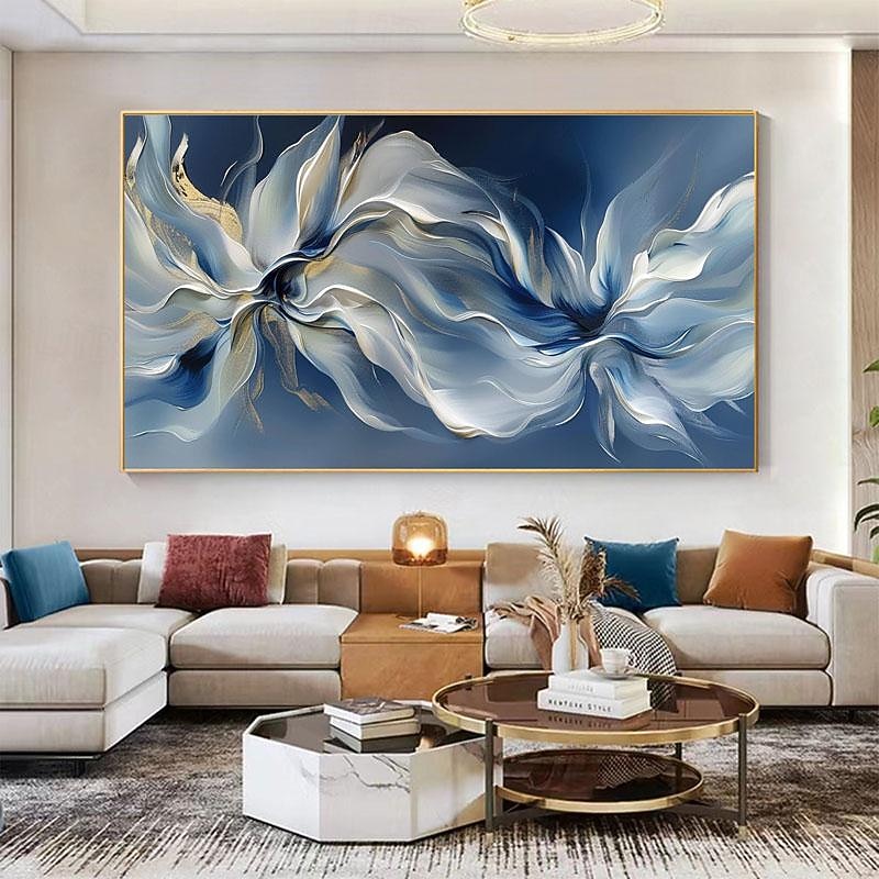 Handmade Abstract Blossom Floral Oil Painting On Canvas Large Original Textured Blue White Flower Wall Art Custom Modern Home Living Room Decor Gift No Frame2