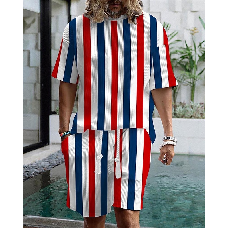 Men's T-shirt Suits 2 Pieces Outfits Tee & Shorts Short Sleeve Crew Neck Summer Striped Fashion Casual 2 Piece Vacation Daily Wear Going out Black Red Blue Top Tee for Men2